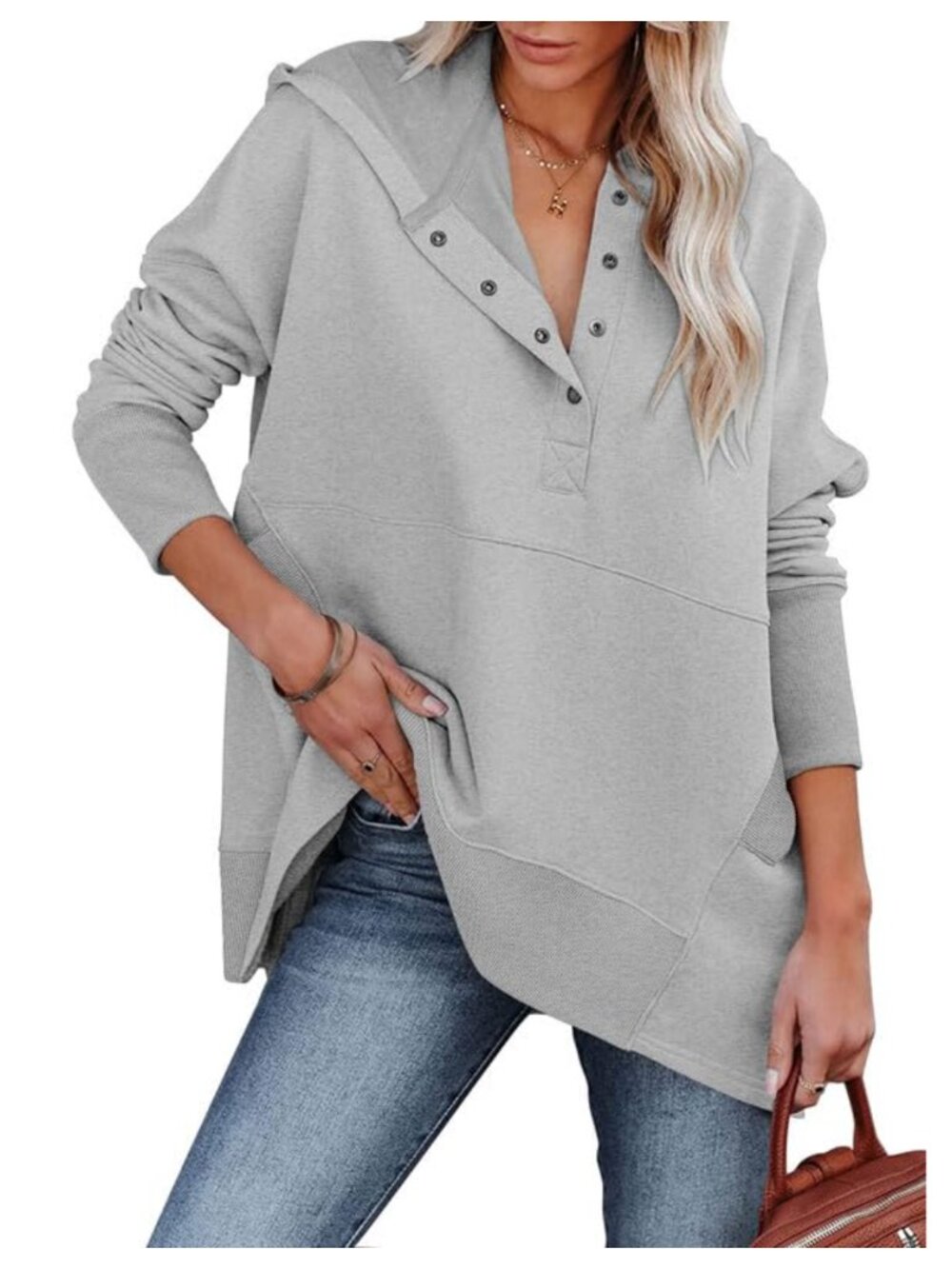 Oversized V Neck Button Henley Hoodie Pullover Sweatshirt Women